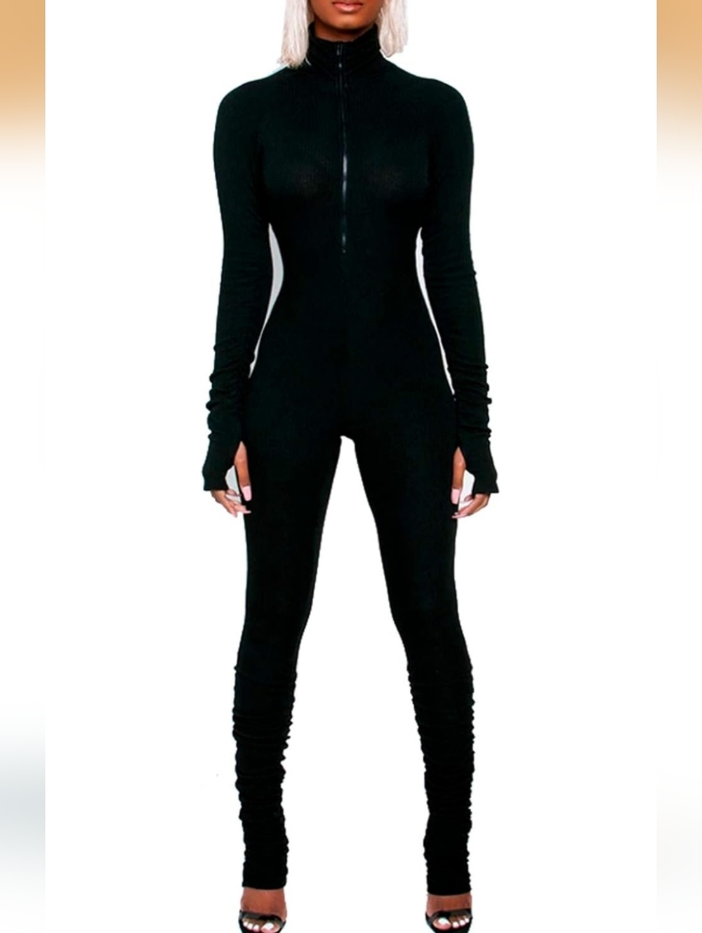 Black bodysuit zipped ruched legs and arms